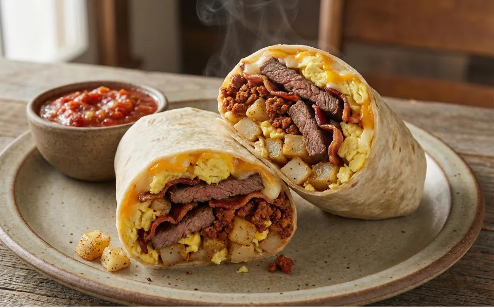 Massive Ordnance Air Burst Burrito - chorizo, bacon, steak, eggs, potatoes, tomato, onion, cheese, and sour cream